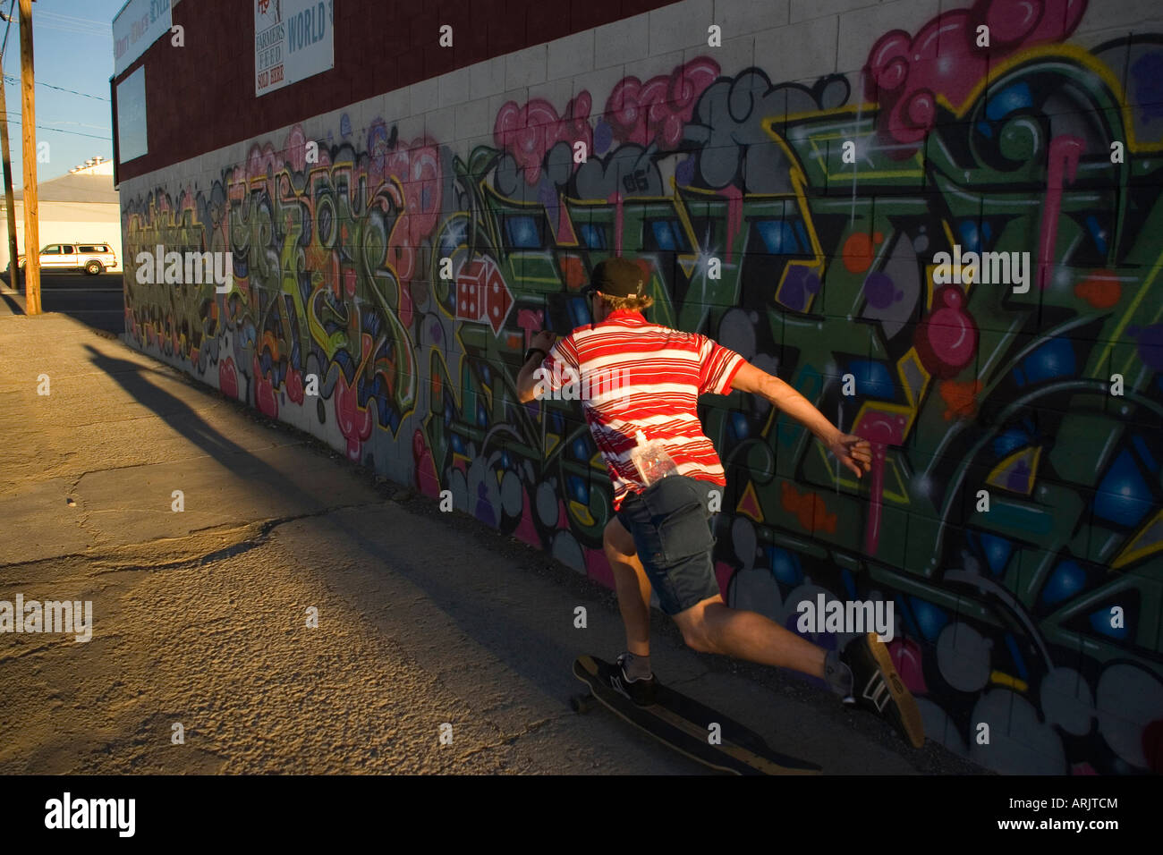 Rückansicht eines Mannes skaten entlang ein Graffiti bedeckt Wand, Reno, Nevada, USA Stockfoto