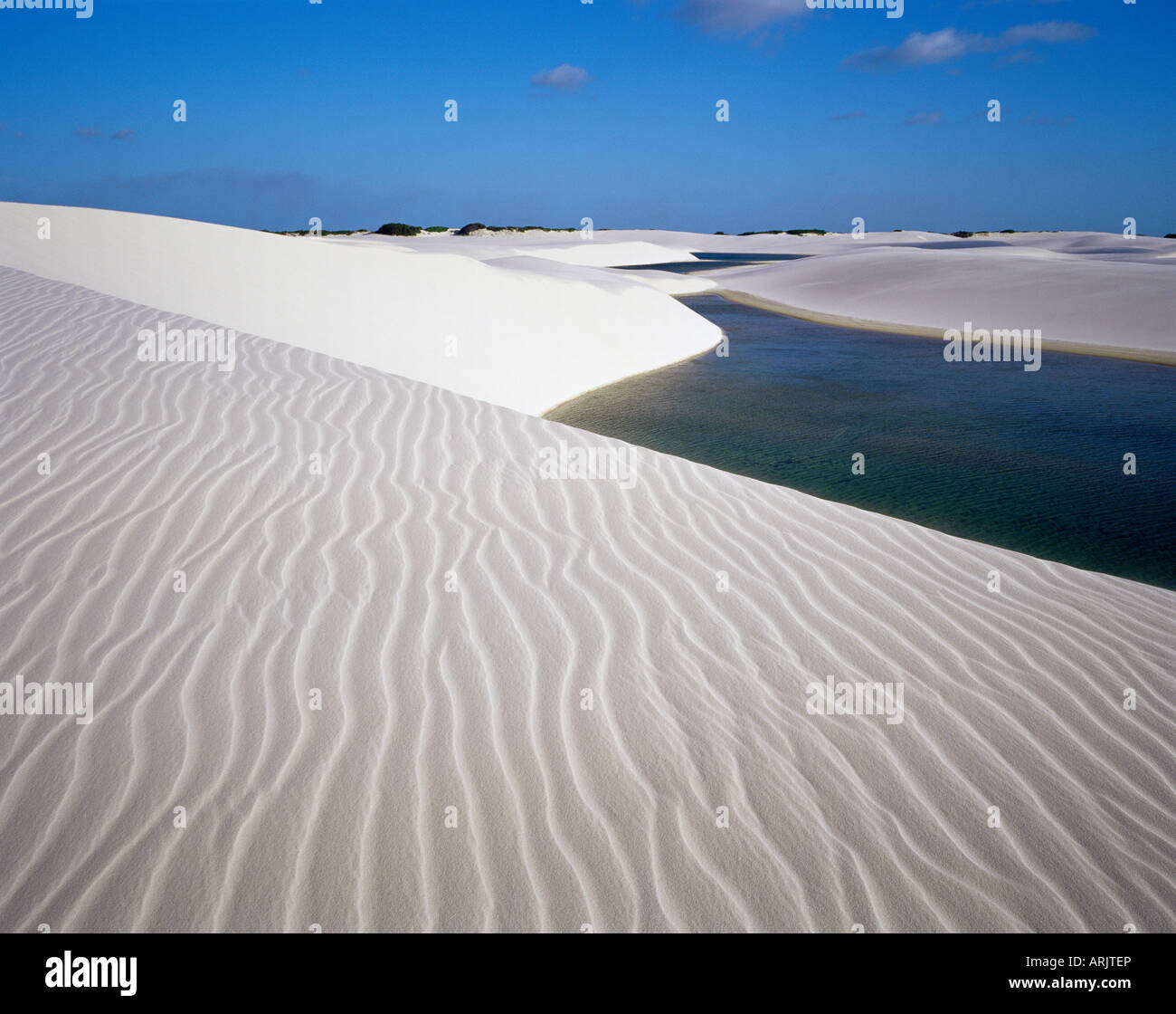 Sanddünen in der Nähe von Lagoa Bonita (schöne Lagune), Parque Nacional Dos Lencois Maranhenses, Brasilien, Südamerika Stockfoto