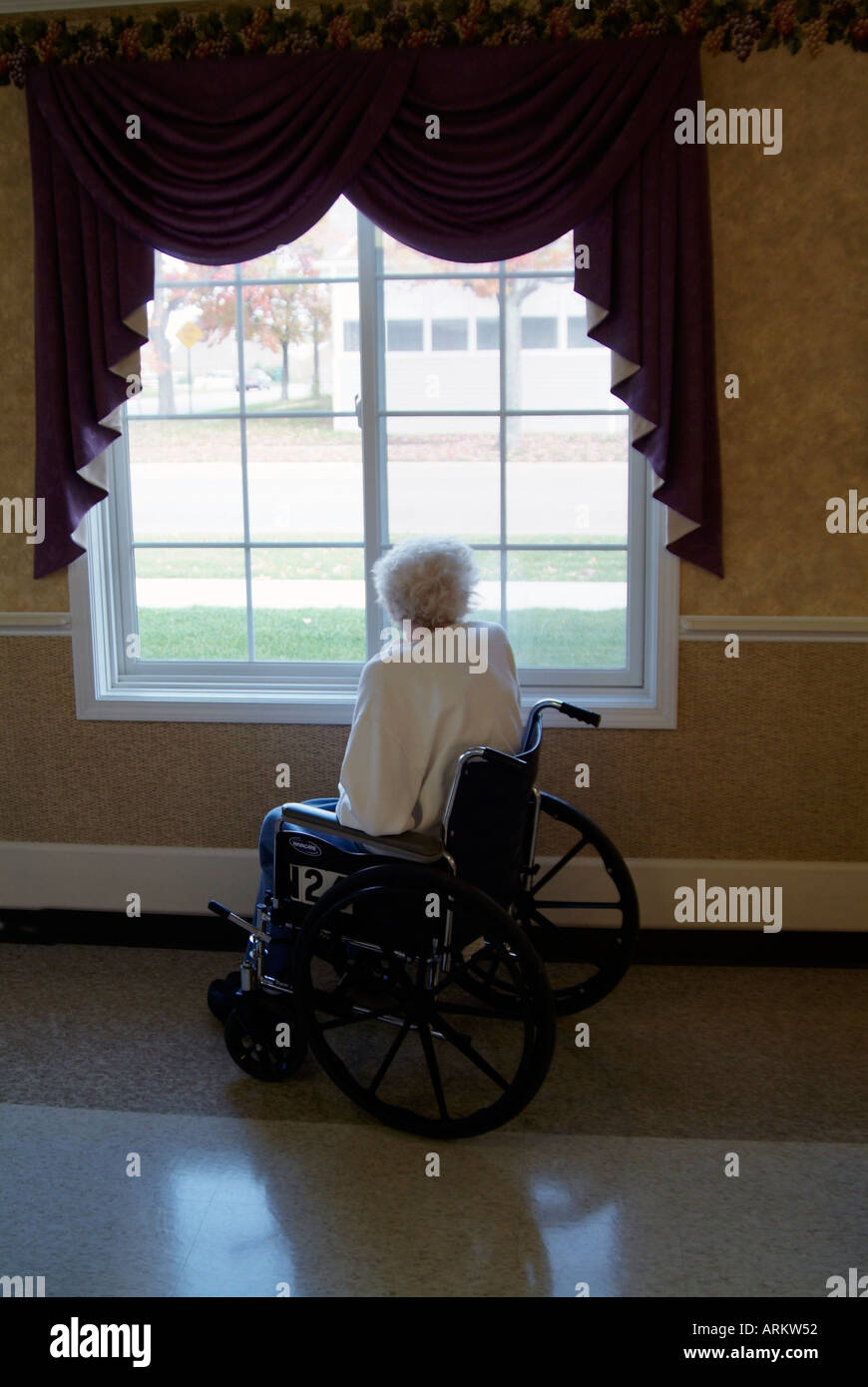 Senior weiblichen Frau sitzt und liest für Entspannung und Erholung und schaut aus dem Fenster beim Sitzen im Rollstuhl Stockfoto