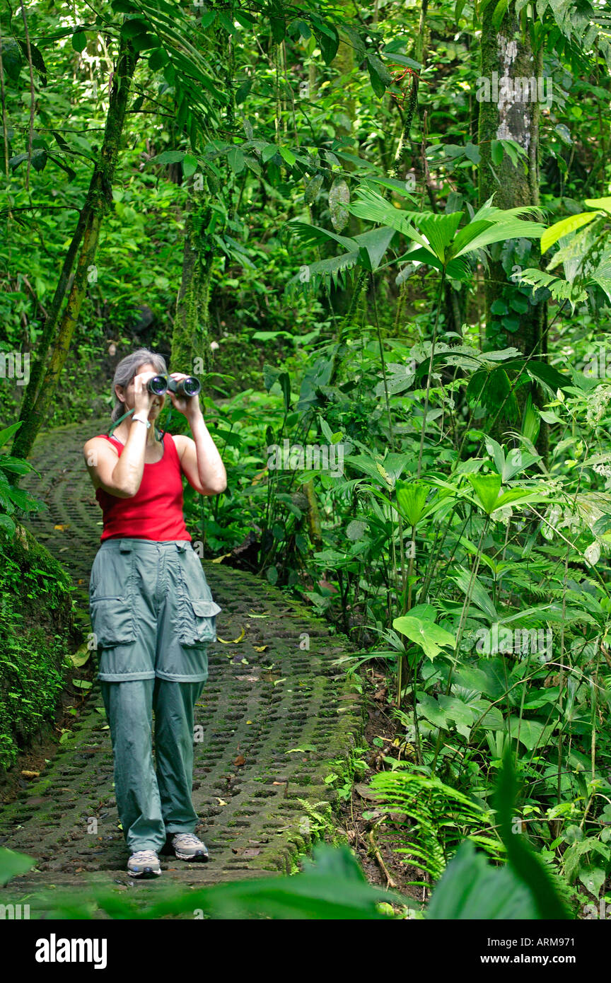 Ein Besucher auf den Arenal Hanging Bridges Trail Arenal Costa Rica Stockfoto