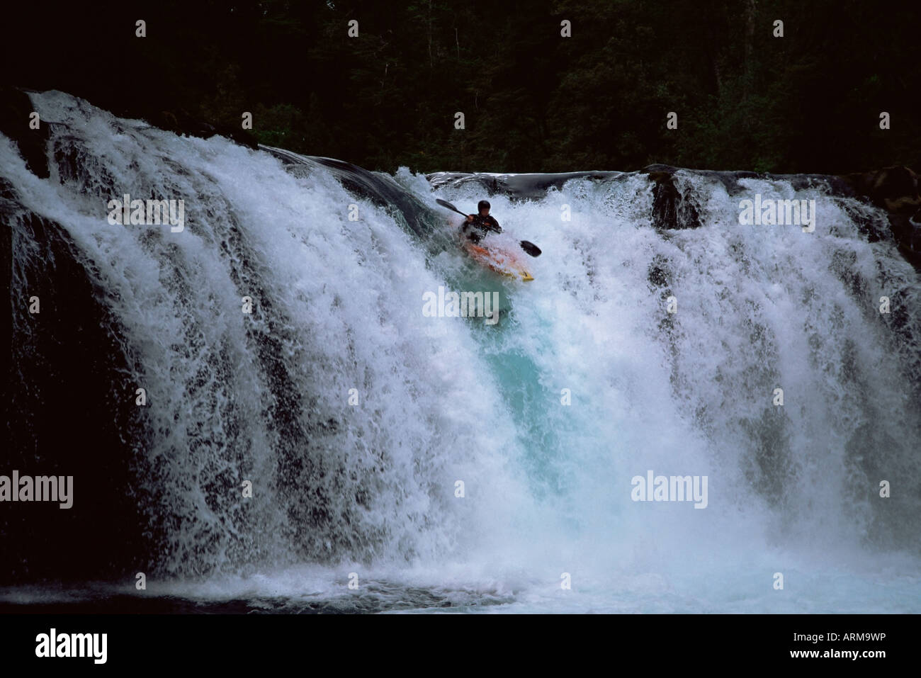 Leona Stürze und Kajakfahrer, Neltume, Chile, Südamerika Stockfoto