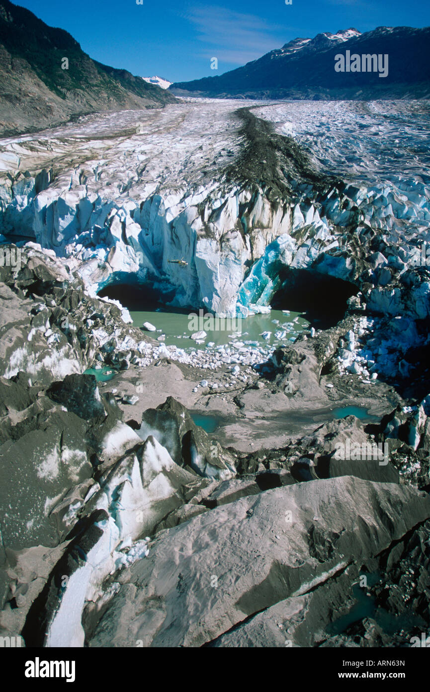 Coast Range, Klinaklini Gletscher blau Eis Zunge Nimmo Bay Heli Ventures, Britisch-Kolumbien, Kanada. Stockfoto