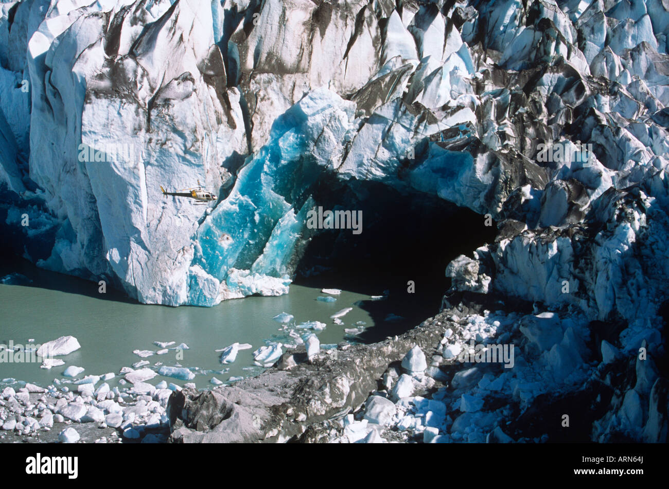 Coast Range, Klinaklini Gletscher blau Eis Zunge Nimmo Bay Heli Ventures, Britisch-Kolumbien, Kanada. Stockfoto