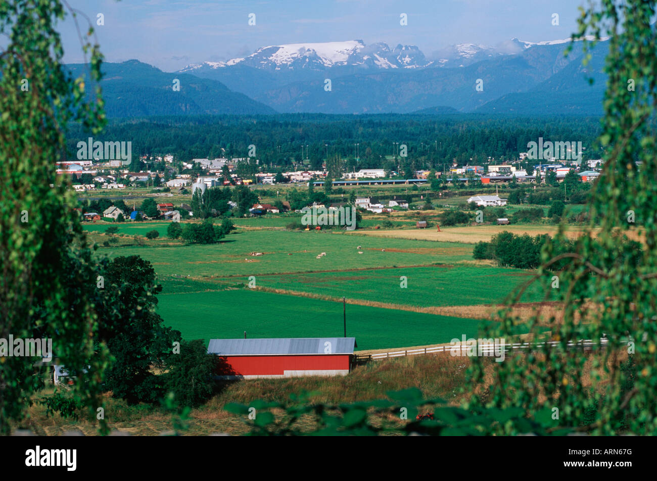 Comox Valley View, Courtney mit Comox Gletscher, Vancouver Island, British Columbia, Kanada. Stockfoto