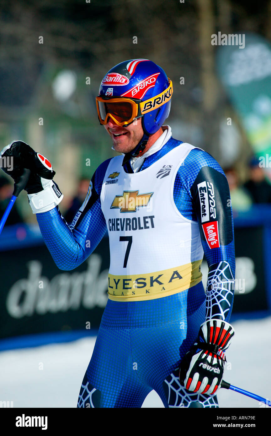 Bode Miller beim Downhill-Rennen während der 2004 Chevrolet U S Alpine National Championships Alyeska Resort Alaska Stockfoto