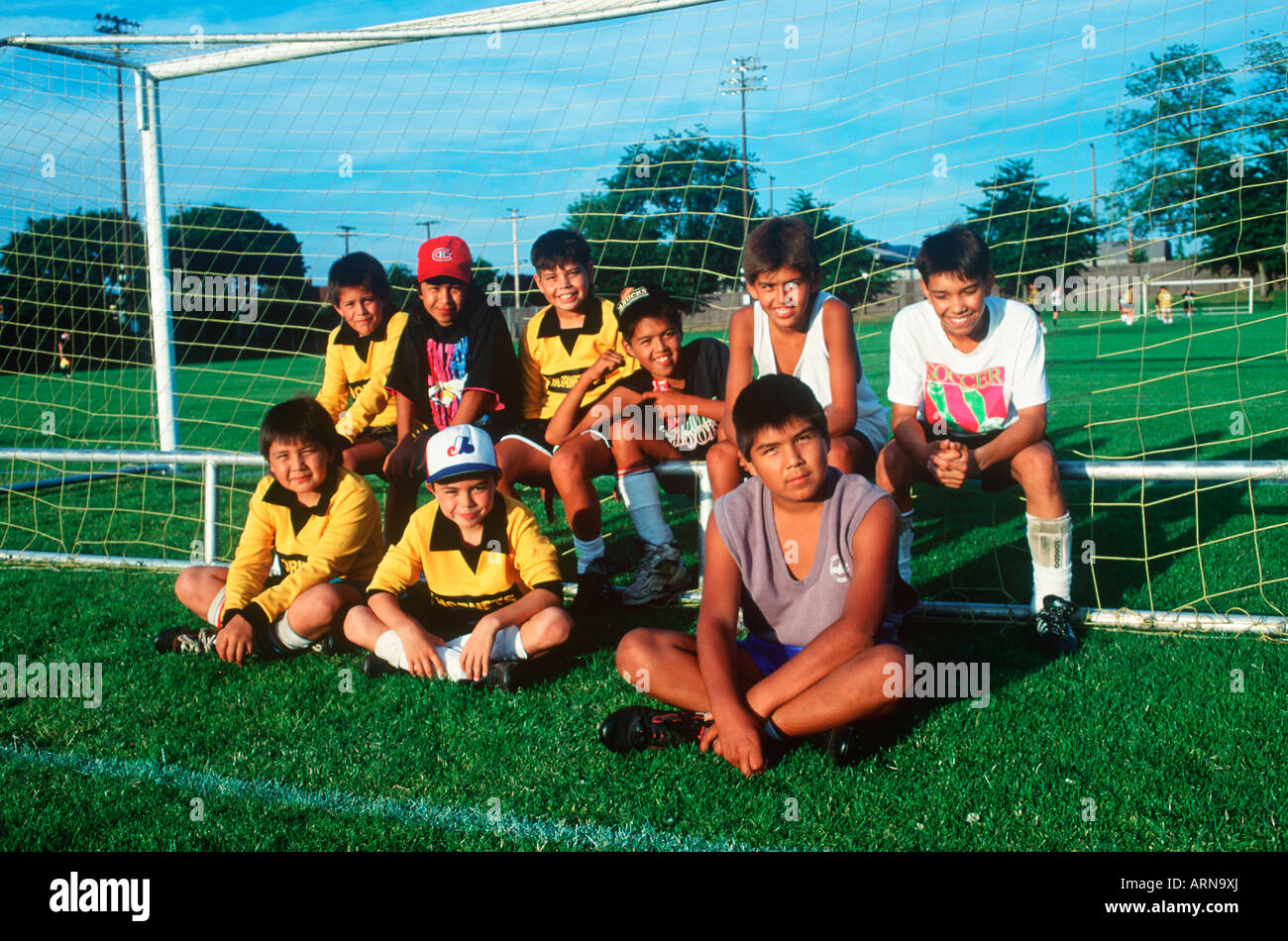 Erste Nationen Kultur, Jugend-Fußball-Nationalmannschaft, Vicoria Turnier, British Columbia, Kanada. Stockfoto