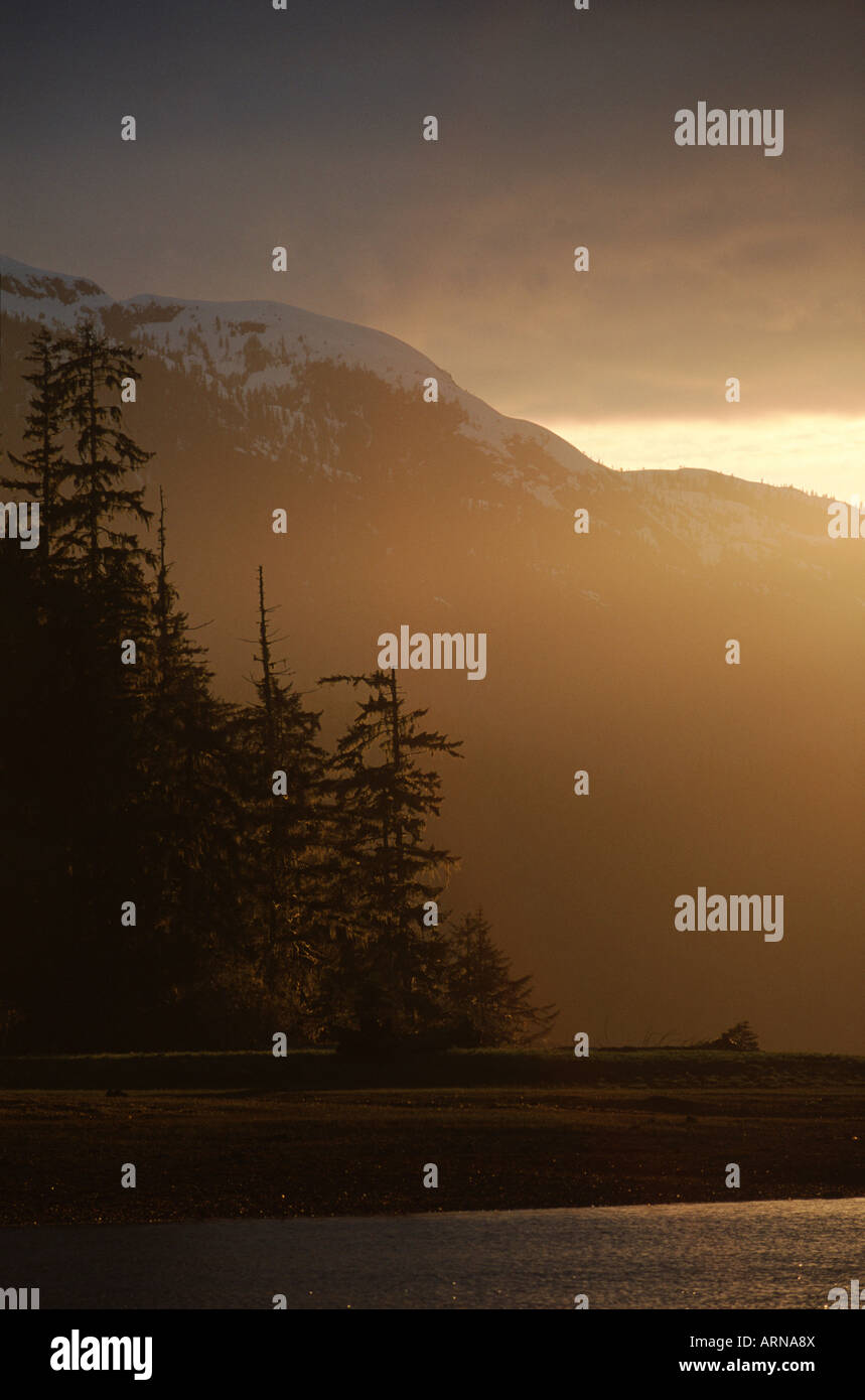 Khutzeymateen Einlass bei Sonnenuntergang, Britisch-Kolumbien, Kanada. Stockfoto
