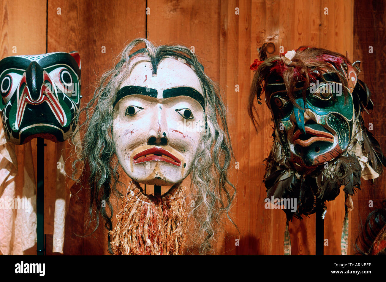 Alert Bay, U'mista Kulturzentrum, Masken aus den Potlach Sammlung, Britisch-Kolumbien, Kanada. Stockfoto