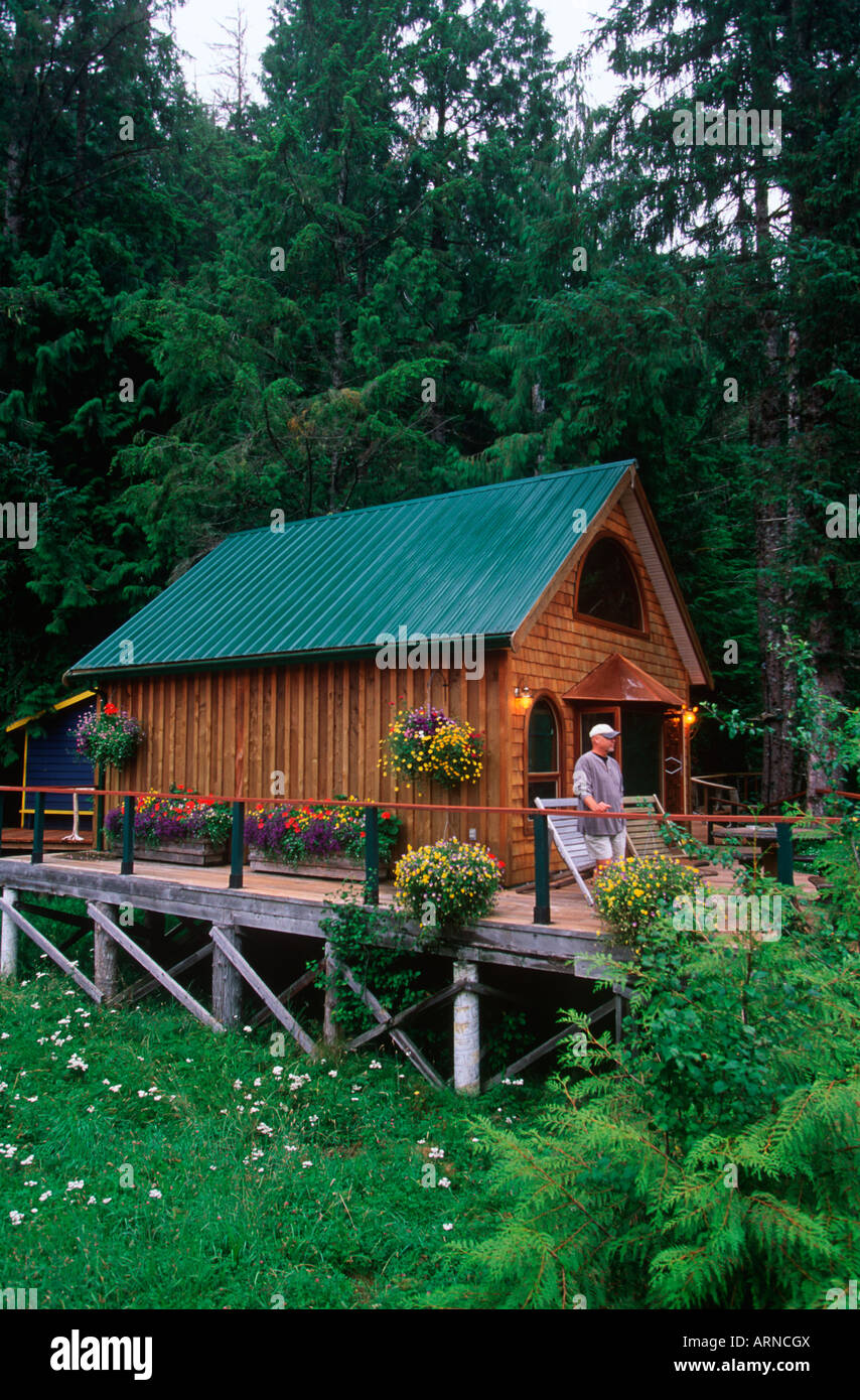 Nimmo Bay Heli Ventures Lodge, Central Coast - Gästekabine mit Insassen, Britisch-Kolumbien, Kanada. Stockfoto