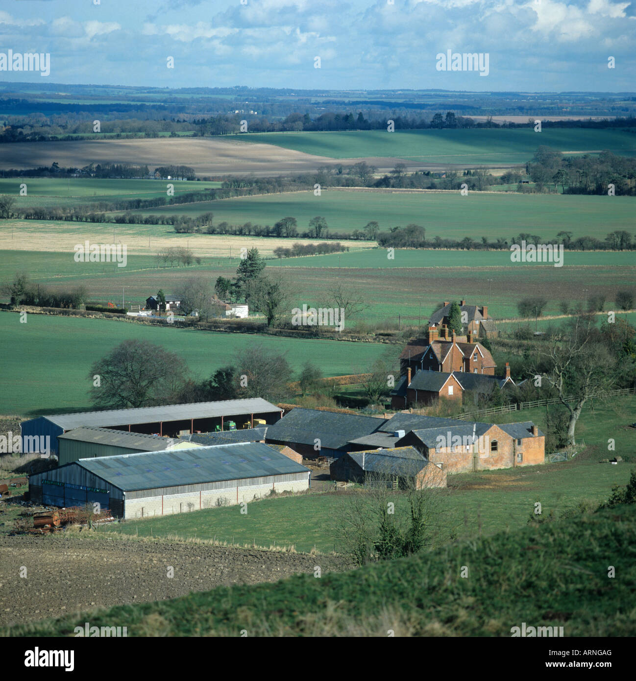 Landwirtschaftliche Gebäude und Ackerland in der Nähe von Hungerford Shalbourne, West Berkshire Stockfoto