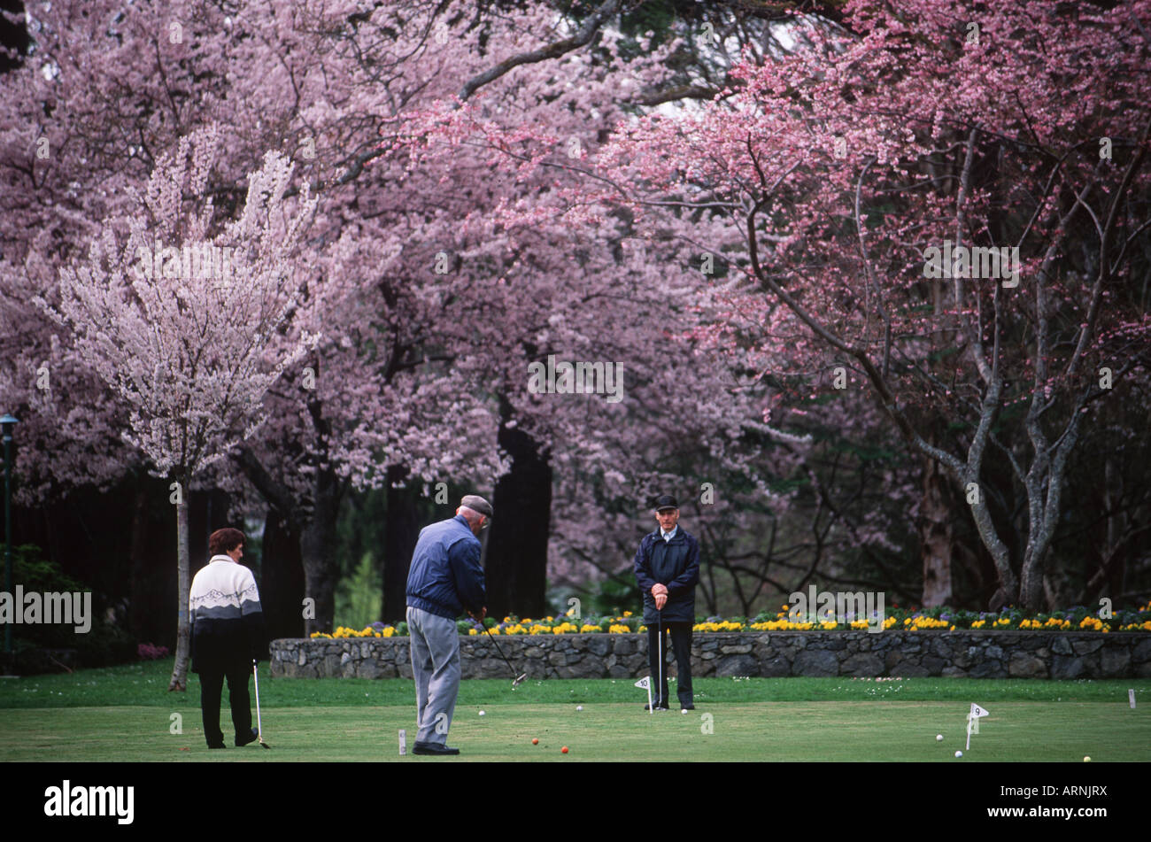 Ehepaar im Ruhestand setzt auf Praxis Grün in Beacon Hill Park, Victoria, Vancouver Island, British Columbia, Kanada. Stockfoto