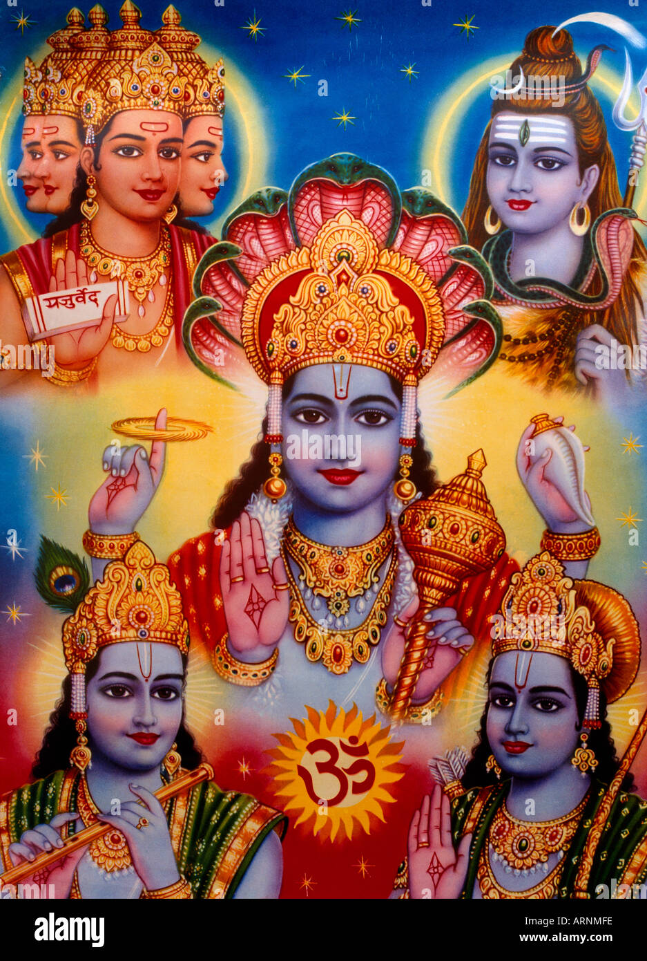 Vishnu, Brahma & Om Symbol Shiva Krishna & Rama Hindu-Götter Stockfoto