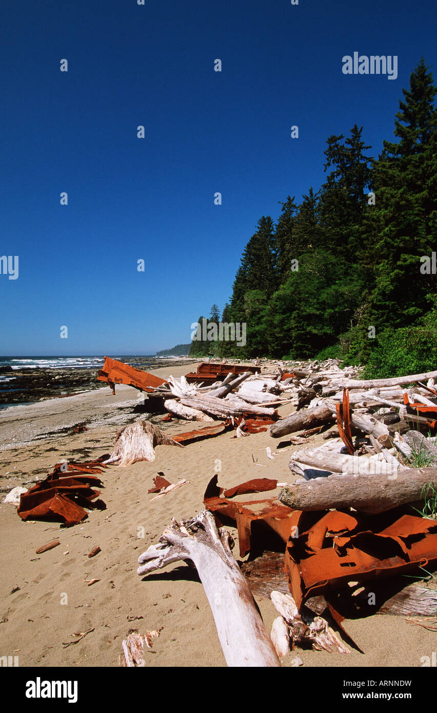 West Coast Trail, verrosteten Schiff Wrack Trümmer auf Strand, Vancouver Island, British Columbia, Kanada. Stockfoto