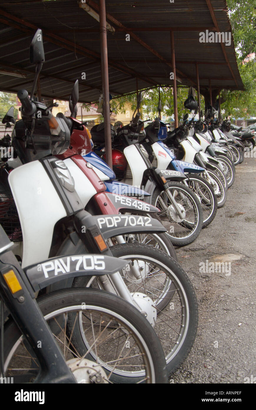 Roller, geparkt, Fahrrad, Rang, in Kaula, Lumpor, Mopeds, Parkplatz, Honda, Roller, Moped, Motor, Zyklus, Motorrad, drittens, wo Stockfoto