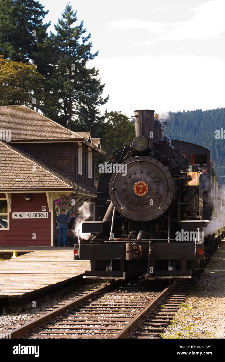 Alberni Pacific Railway Dampflok, die läuft bis McLean Mill, Port Alberni, Vancouver Island, British Columbia, Kanada. Stockfoto