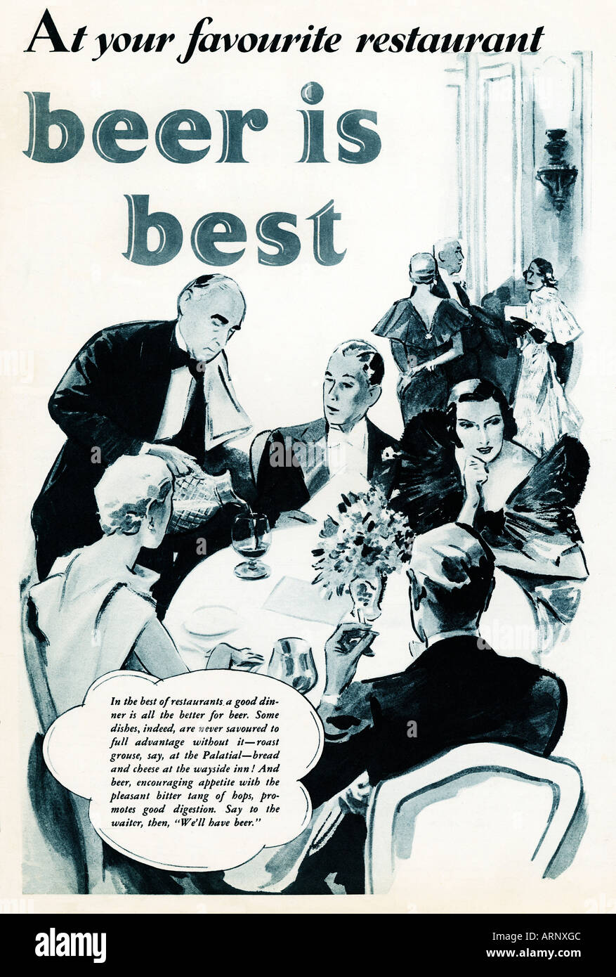 Bier ist beste 1934 Werbung für Bier am Tisch In den besten Restaurants ein gutes Abendessen ist alles besser für Bier Stockfoto