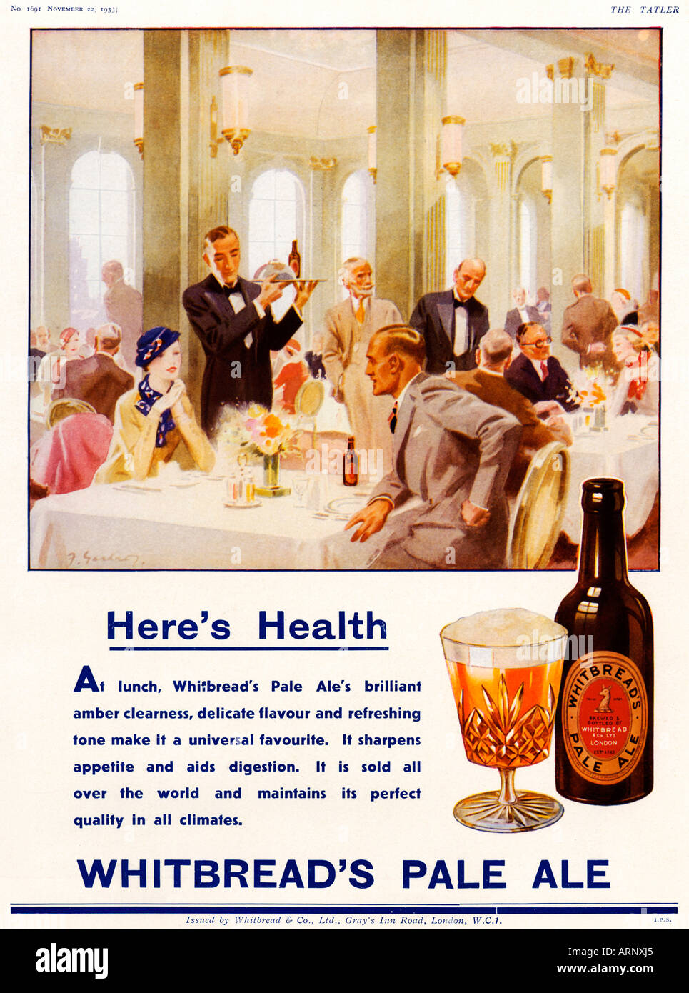 Whitbread Mittagessen, Heres Gesundheit, 1933 Werbung für das in Flaschen Pale Ale in einem gehobenen Restaurant Ambiente Stockfoto