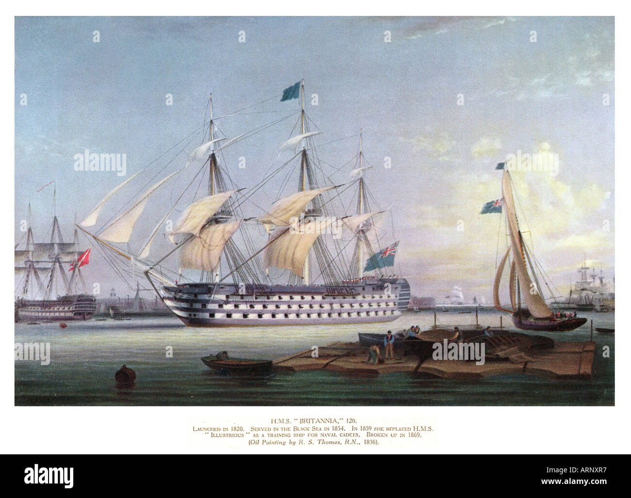 HMS Britannia ein 1836-Gemälde des Schlachtschiffes startete im Jahre 1820 diente in den Krimkrieg und 1869 abgewrackt Stockfoto