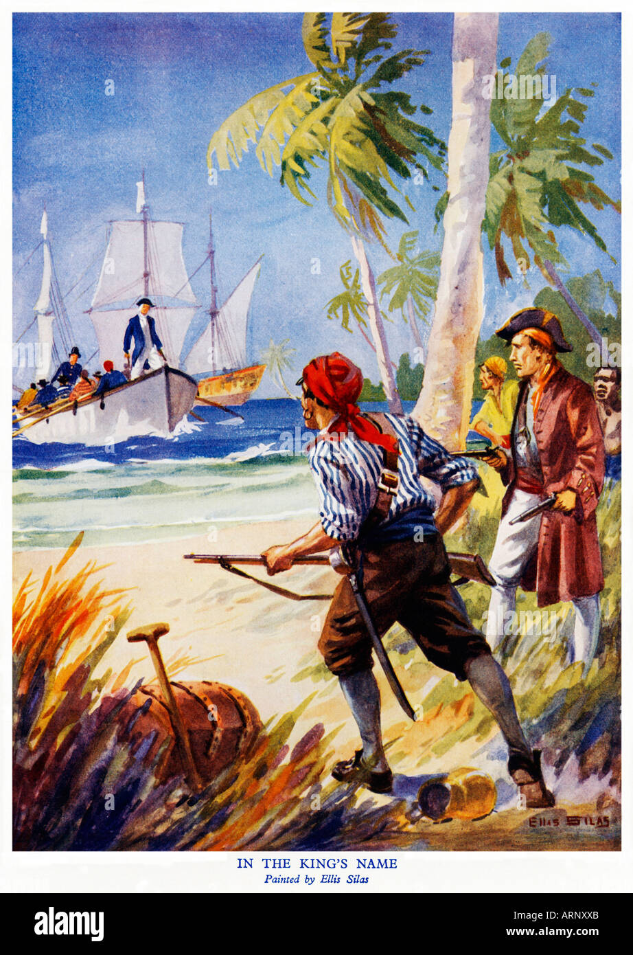 In The Kings Namen 1920er Jahre jungen Comic Buchillustration von Piraten gefangen von der Marine Stockfoto