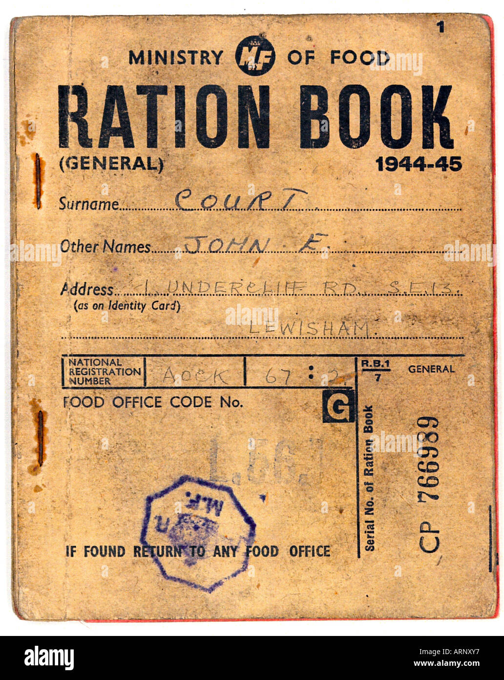 Food Ration Buch 1944 gab eine englisches Essen Ration Buch 1944 Stockfoto