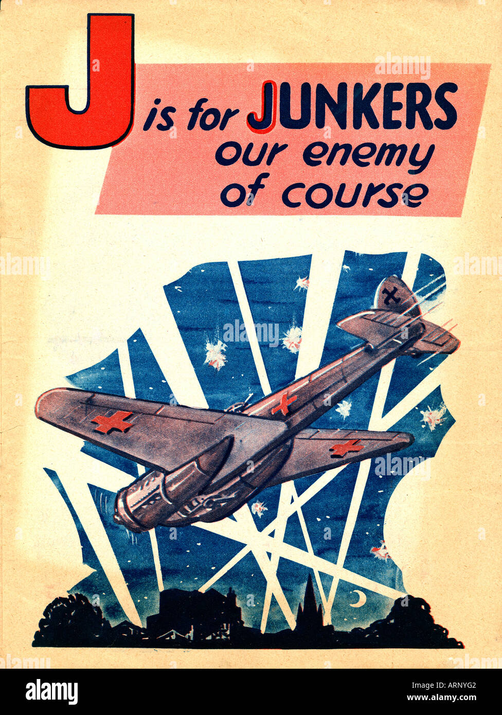 Blitz J ist für Junkers unser Feind natürlich aus einer Kriegszeit Alphabet Kinderbuch zeigt der deutsche Bombers über England Stockfoto