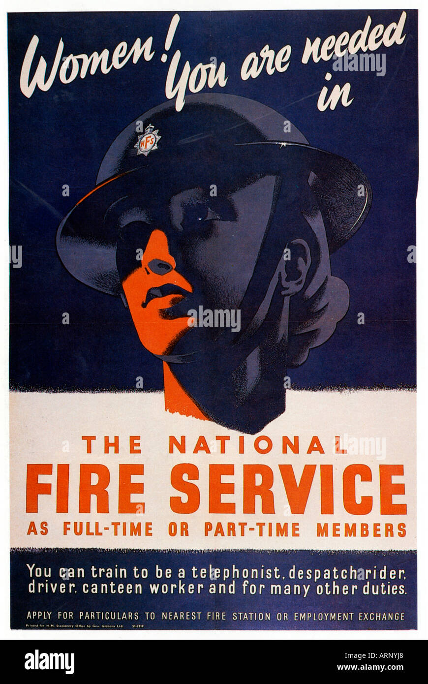 Frauen gebraucht Poster 1940 englische Feuerwehr Rekrutierung Plakat Stockfoto