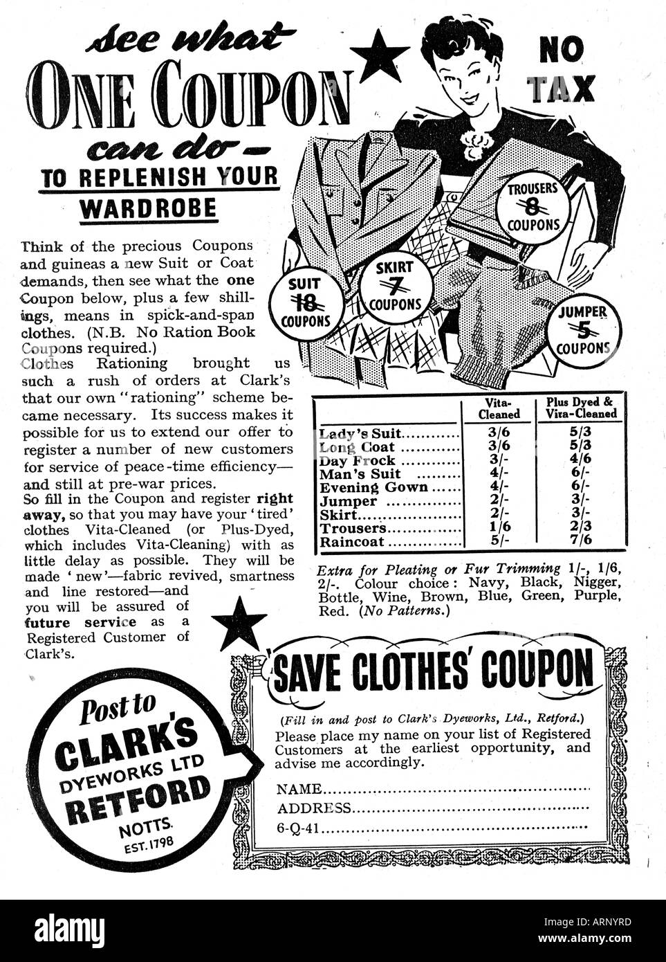 Kleidung Gutschein Ad 1941 Werbung für Clarks Retford und ihre Dienste in Wiederbelebung müde Kleidung Stockfoto