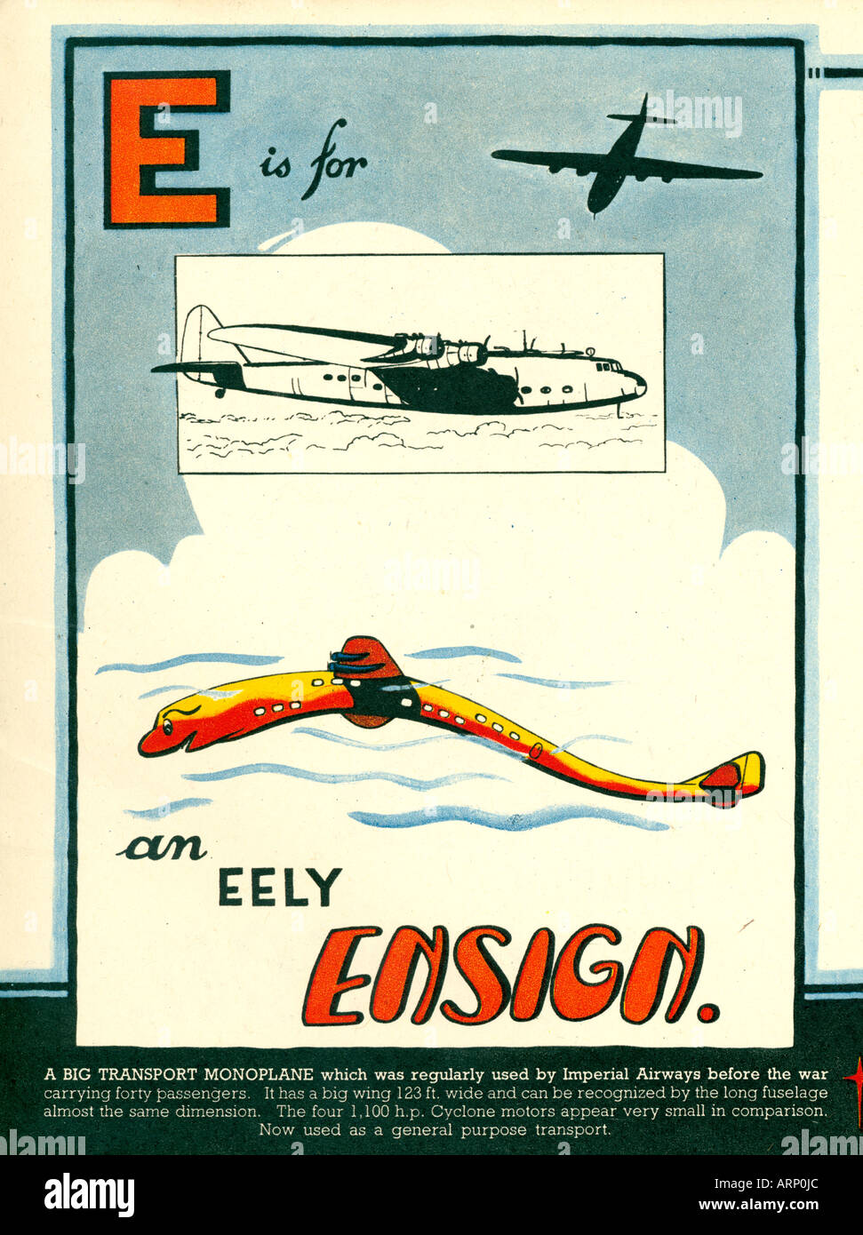 E ist für Ensign 1943 englische Kriegszeit Alphabet Kinderbuch von kämpfenden Flugzeugen das Flugboot wie ein Aal Stockfoto