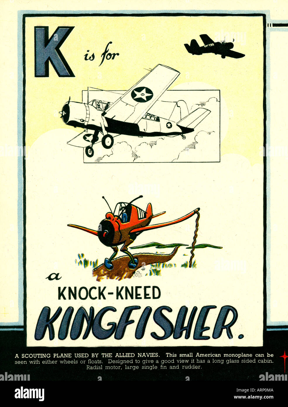 K steht für Kingfisher 1943 englische Kriegszeit Alphabet Kinderbuch von Flugzeugen der amerikanischen Pfadfinder-Ebene Stockfoto