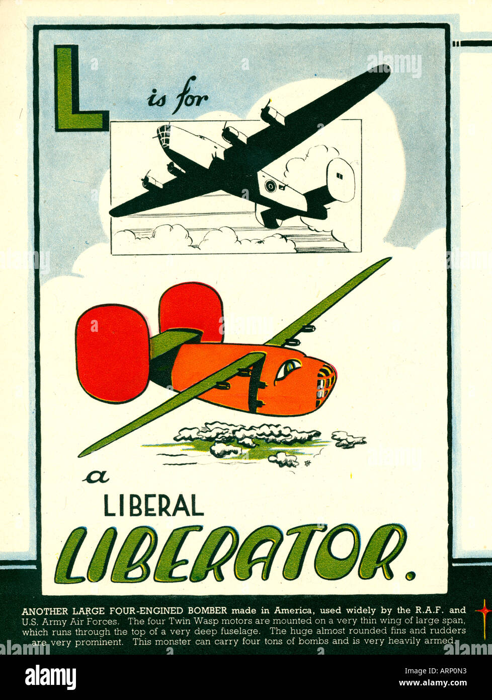 L steht für Liberator 1943 englische Kriegszeit Alphabet Kinderbuch von Flugzeugen der amerikanischen schweren bomber Stockfoto