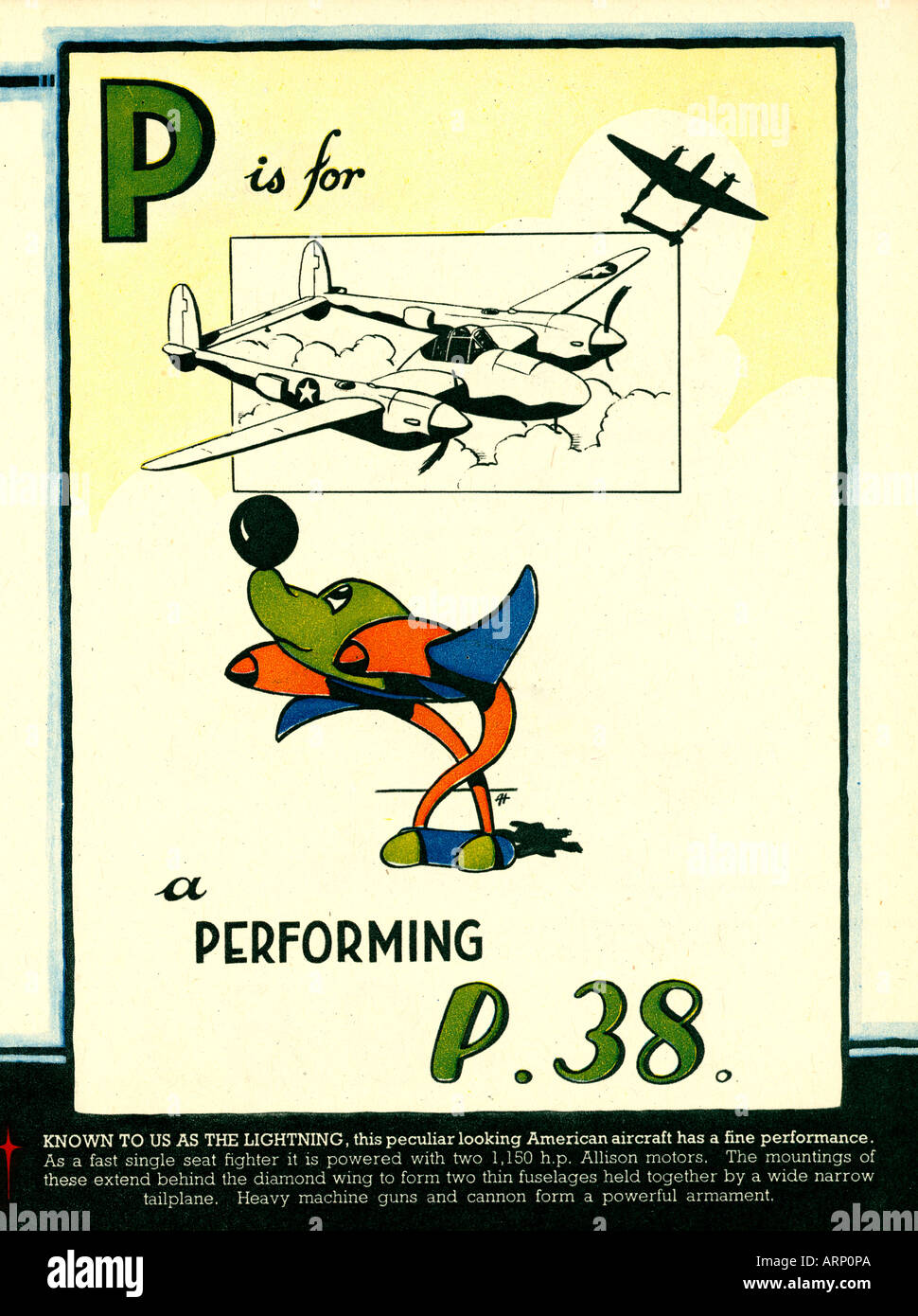 P steht für P38 Lightning 1943 englische Kriegszeit Alphabet Kinderbuch von Flugzeugen der amerikanischen Kämpfer Stockfoto