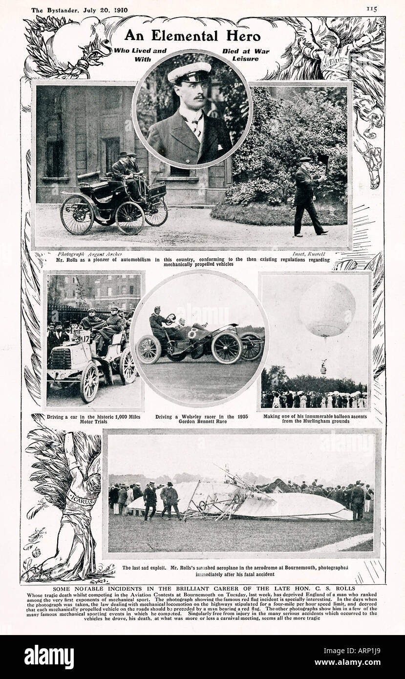 CS-Rolls bildliche Nachruf von der co-Gründer von Rolls-Royce im Jahr 1910 ein Bild von ihm fahren hinter einem Mann mit einer roten Fahne Stockfoto