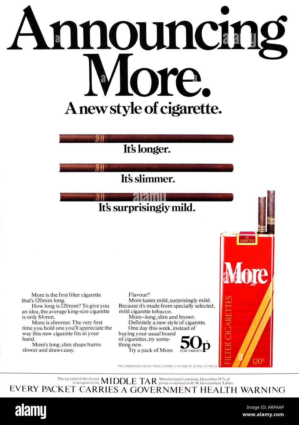 1970er Jahre Werbung Magazin 1976 für mehr Zigaretten für nur zur redaktionellen Nutzung Stockfoto