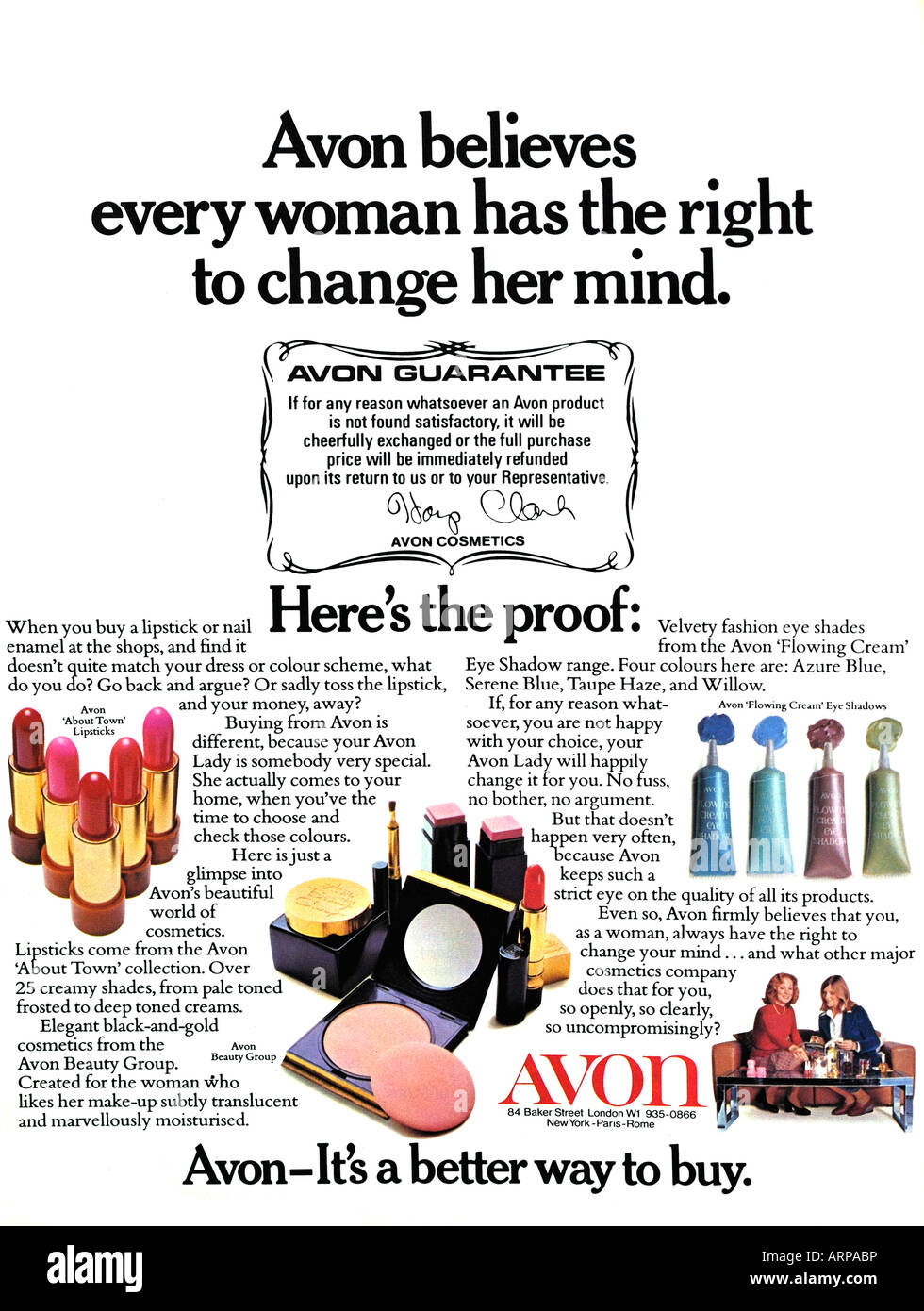 1970er Jahre Werbung Magazin 1976 für Avon Kosmetik für nur zur redaktionellen Nutzung Stockfoto