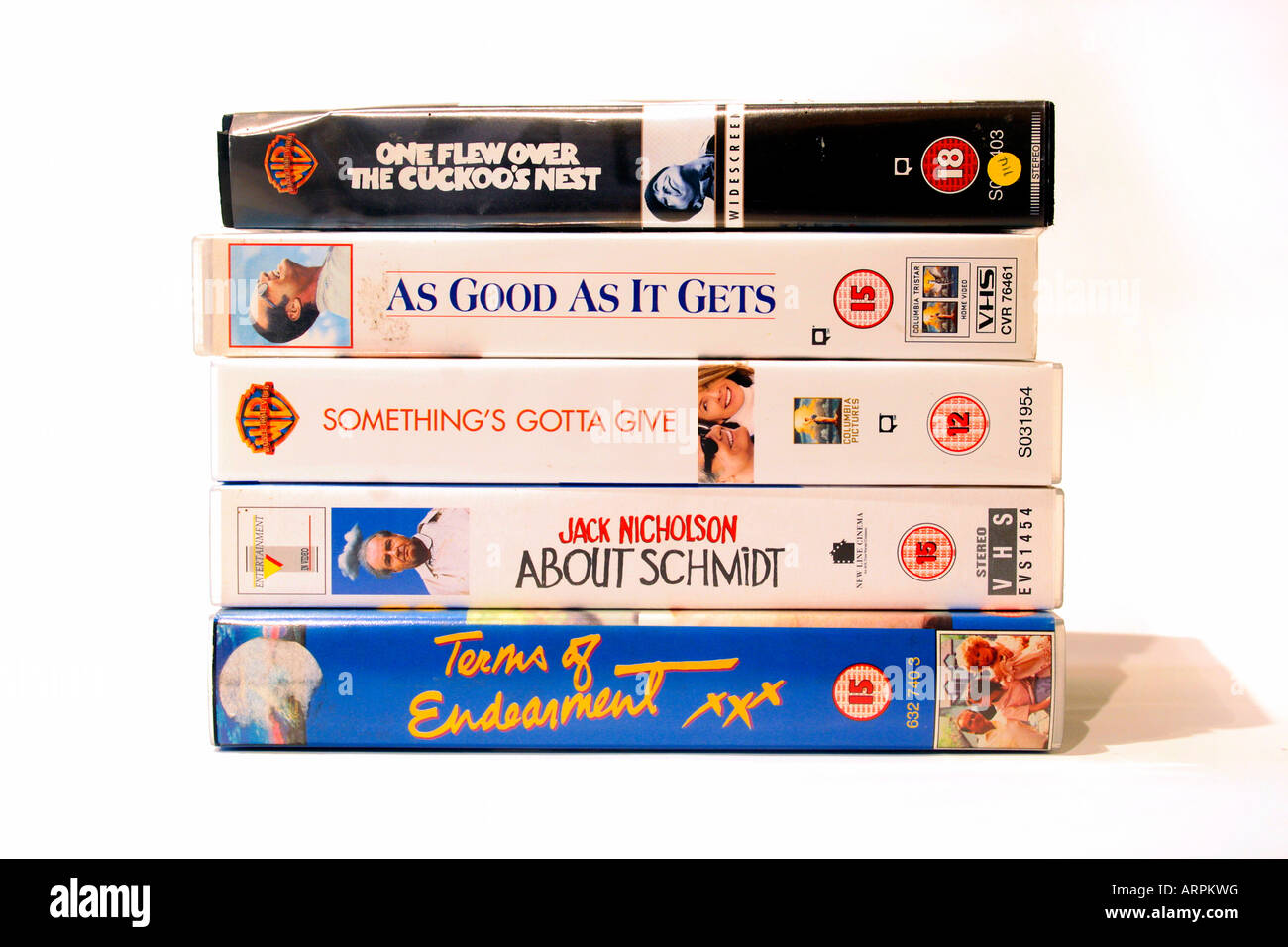 Eine Sammlung von Jack Nicholson Filme auf VHS-Video. Einer flog über das Nest Kuckucke, wie gut, wie es kommt, was das Herz begehrt, Stockfoto