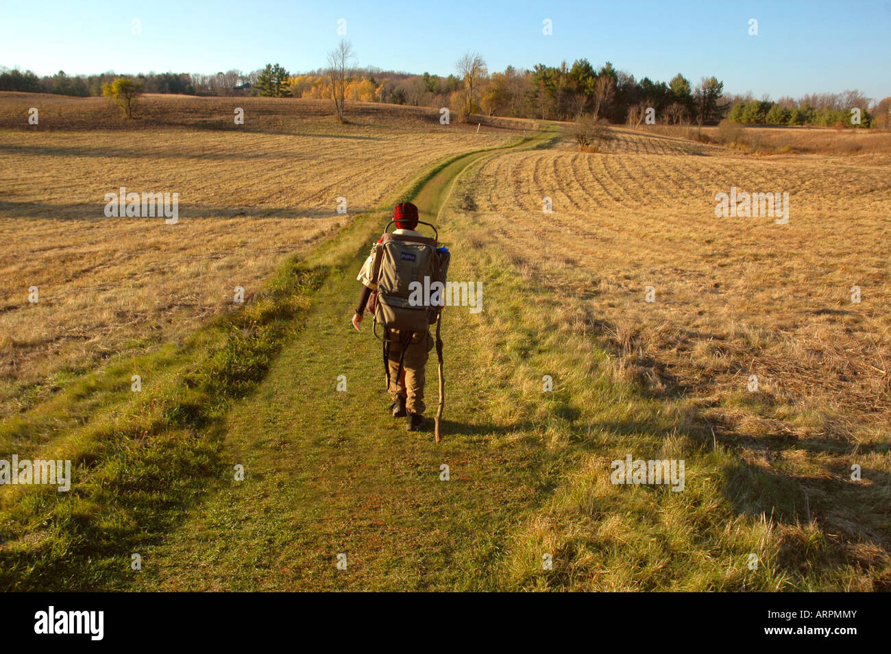 Wandern auf einem Weg aber das Goldene Feld des Schlachtfeldes Saratoga Pfadfinder Stockfoto