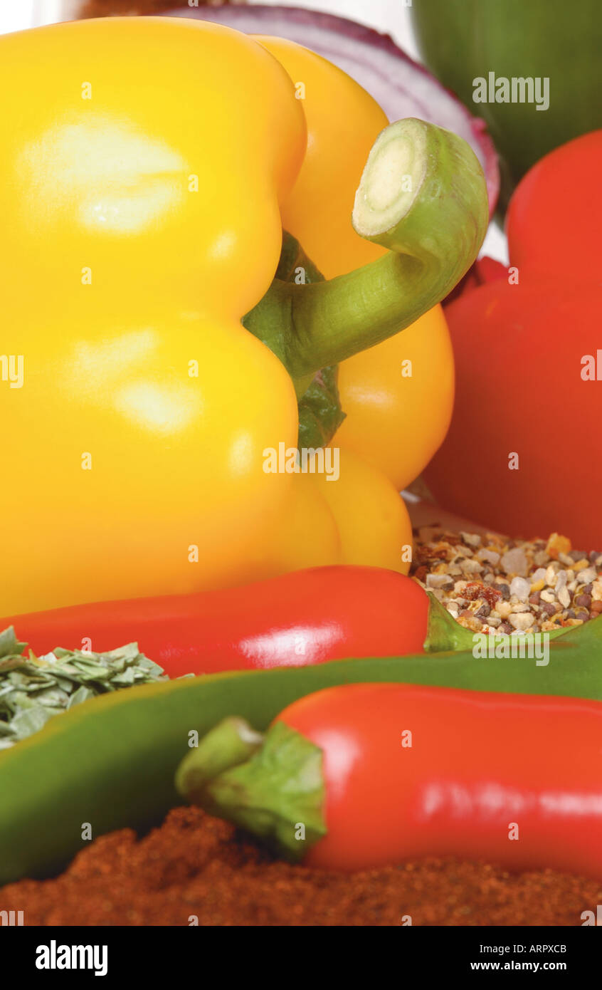 Nahaufnahme von Paprika Zwiebeln Chilis und Gewürzen Stockfoto