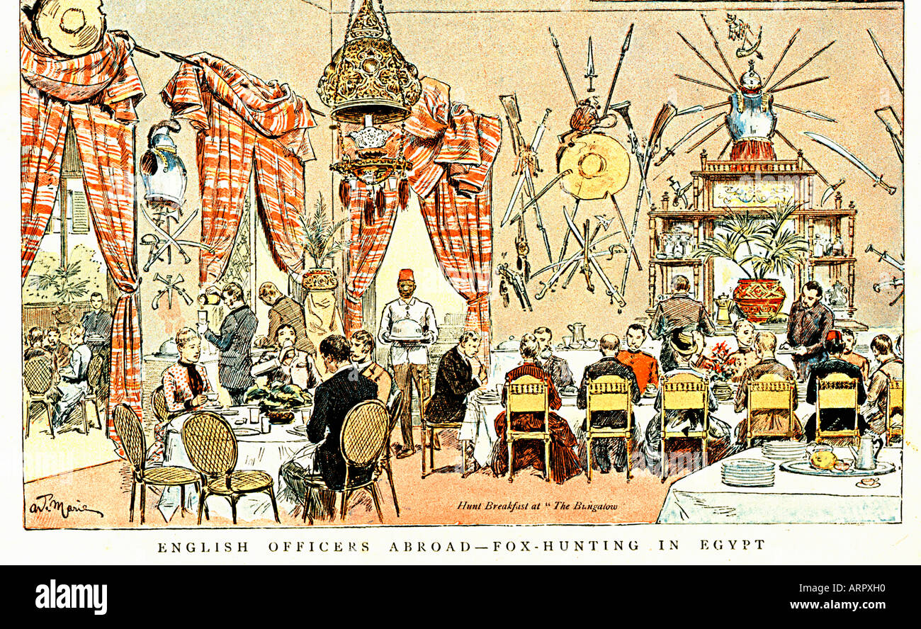 Jagd-Frühstück in Ägypten 1888 Darstellung der englischen Offiziere des Reiches ihre Bräuche Berücksichtigung Stockfoto