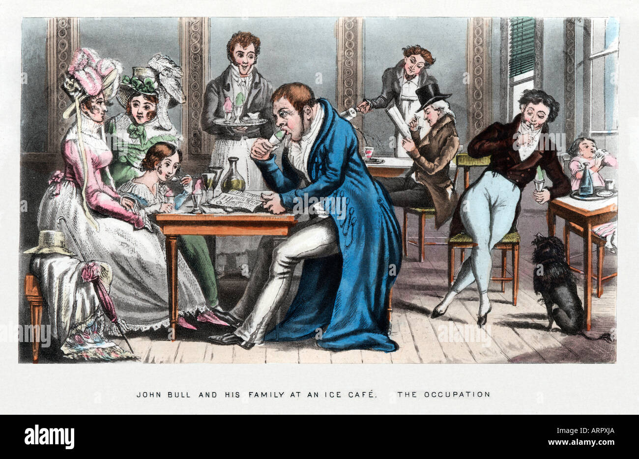 Regency Eis Print von John Bull und seine Familie bei einem Eis Cafe die Besatzung, die von Paris nach Waterloo Stockfoto