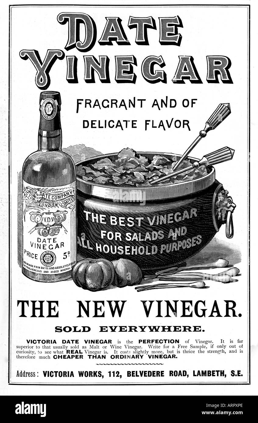 Datum Essig späten viktorianischen Anzeige für eine alternative Essig mit einem duftenden und zarten Geschmack Stockfoto