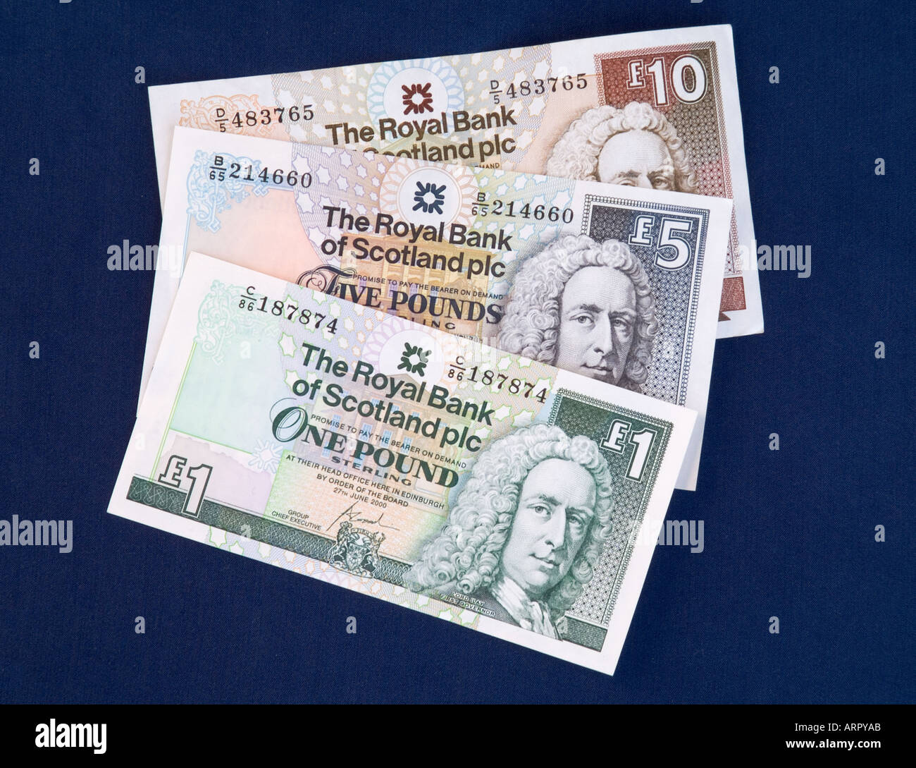 dh Scottish Geldscheine GELD SCHOTTLAND UK Royal Bank of Schottland ein fünf zehn Pfund Bargeld rbs Währung Banknoten Stockfoto