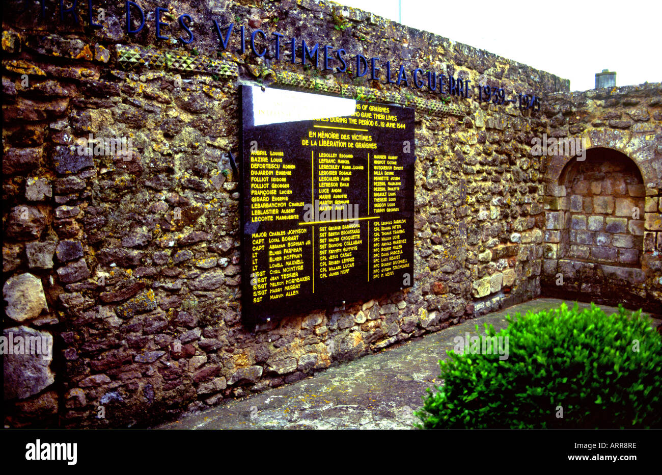 Gedächtniskirche Plaque Graignes Normandie Frankreich Stockfoto