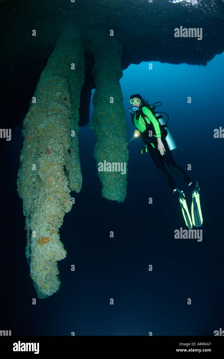 nr0675D. Scuba Diver, Modell veröffentlicht, untersucht stalactites130 Füße tief in The Blue Hole. Belize. Copyright Brandon Cole Stockfoto