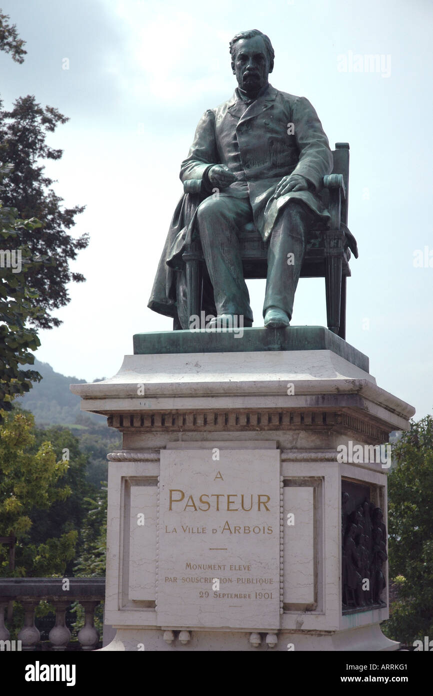 Statue von Louis Pasteur, renommierte Wissenschaftler und Lokalmatador in Arbois in französischens Weinbauregion Jura Stockfoto