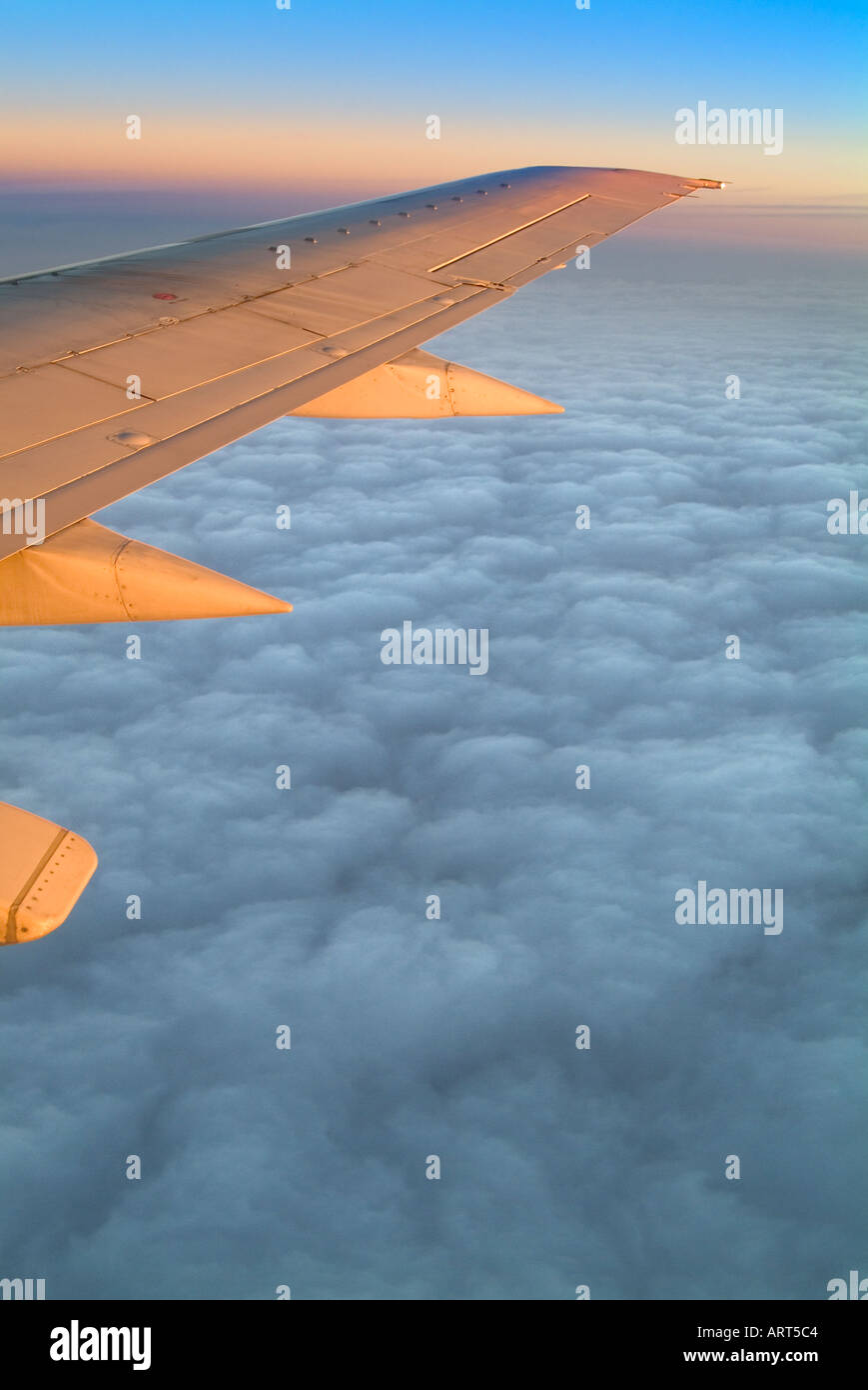 Flugzeug Jet Flügel fliegen über den Wolken am Sunise Stockfoto