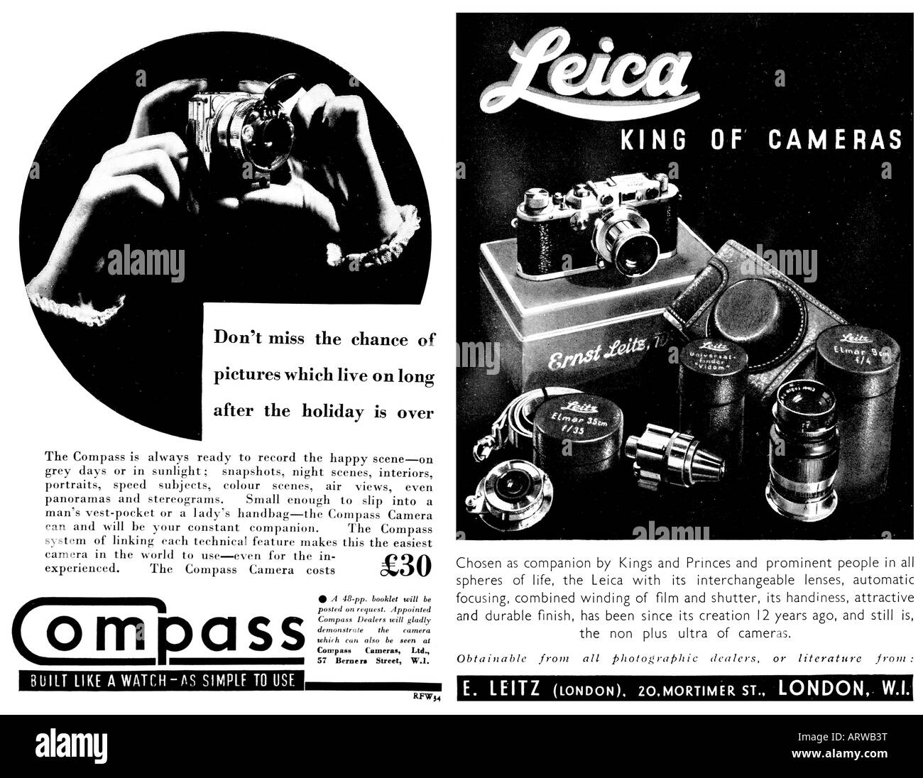 1930er Jahren Werbung für Kompass und Leica Kameras für nur zur redaktionellen Nutzung Stockfoto