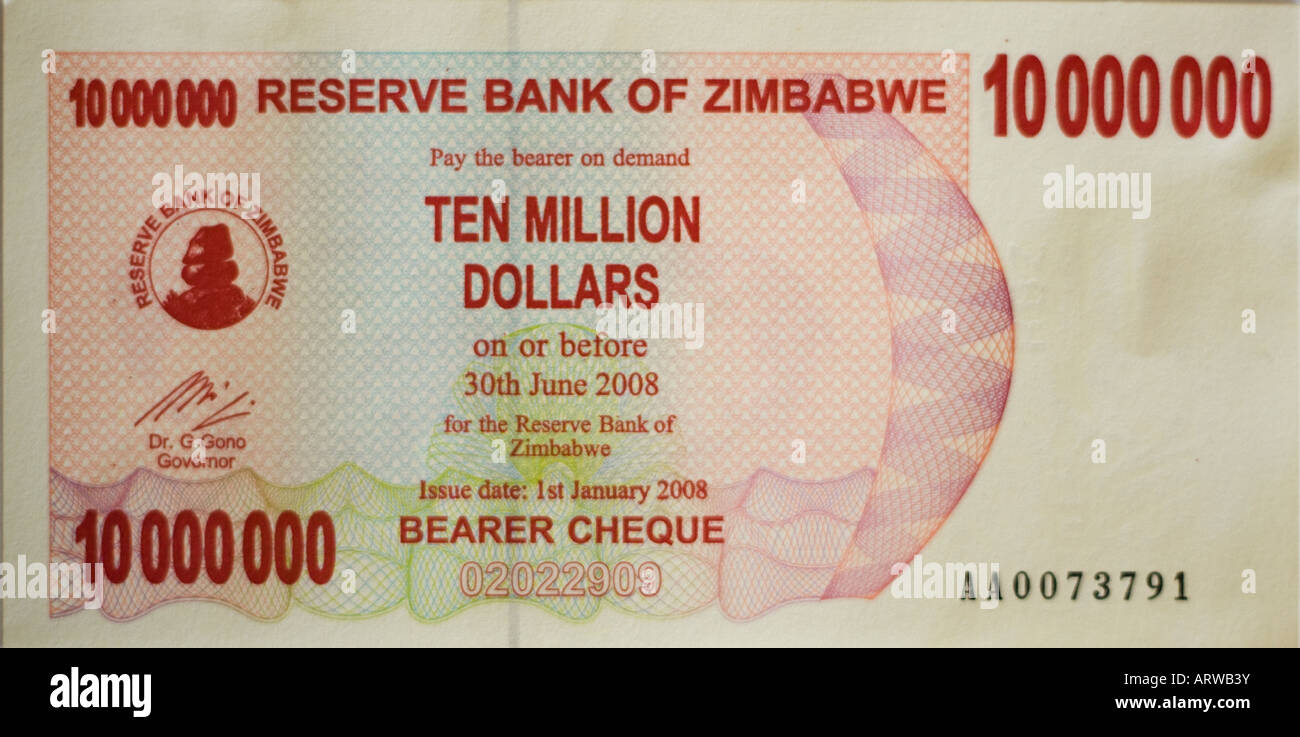 Simbabwe-Dollar 10000000 zehn Millionen, beachten Sie Stockfoto