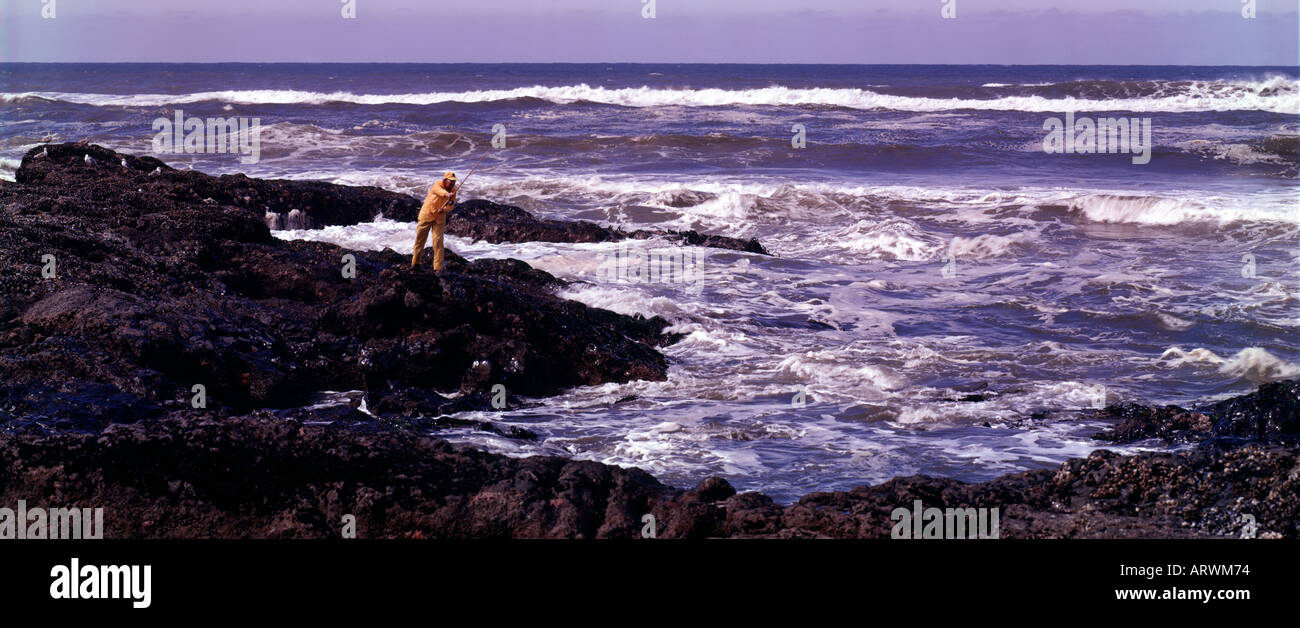 Surf-Fischer wirft in den rauen Gewässern des Pazifischen Ozeans im Ruhestand an der Küste von Zentral-Oregon Stockfoto