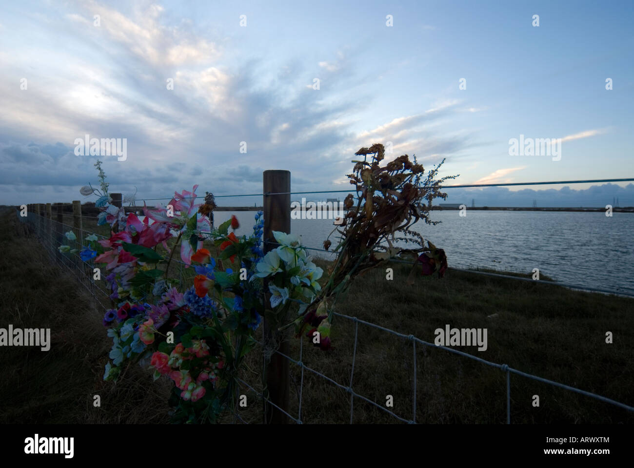 Eine Mischung aus Kunststoff und echten Blumen links als Mahnmal am Straßenrand nach jemand, der in Dungeness gestorben Stockfoto