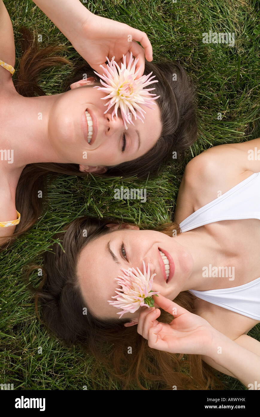 Frauen auf der Wiese mit Blumen Stockfoto